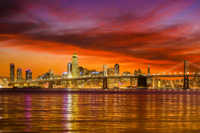 Обои картинки фото города, сан-франциско , сша, мост, закат, огни, вечер