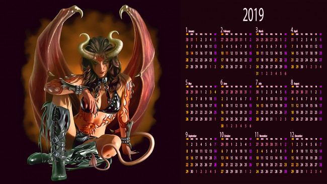 Обои картинки фото календари, фэнтези, женщина, рога, крылья, взгляд, существо