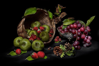 Картинка еда фрукты +ягоды виноград клубника яблоки