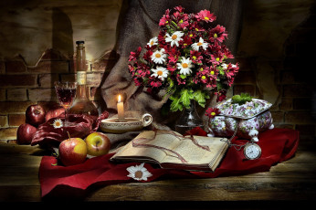 Картинка еда натюрморт свеча книга букет яблоки вино