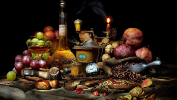 Картинка еда натюрморт свеча вино орехи фрукты