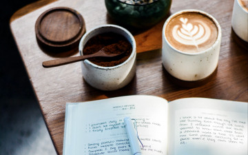 обоя еда, кофе,  кофейные зёрна, книга, рисунок