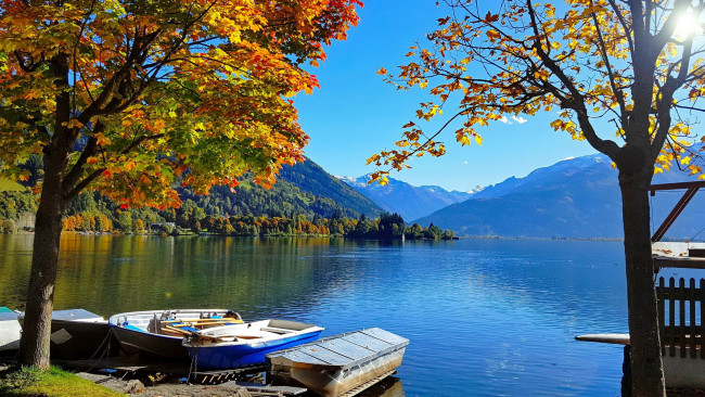 Обои картинки фото корабли, лодки,  шлюпки, осень, озеро, горы