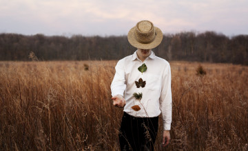 обоя мужчины, - unsort, парень, шляпа, рубашка, листья, брюки, поле, лес
