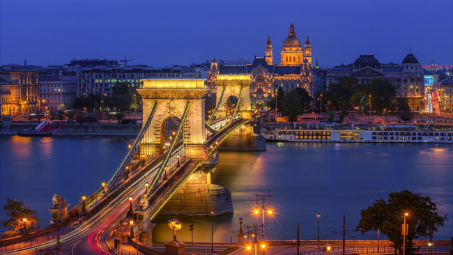 Обои картинки фото города, будапешт , венгрия, река, дунай, мост, вечер, огни