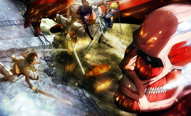 Обои картинки фото аниме, shingeki no kyojin, титан, стена, защитники