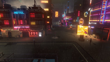 обоя видео игры, cloudpunk, город, будущее, огни, дождь