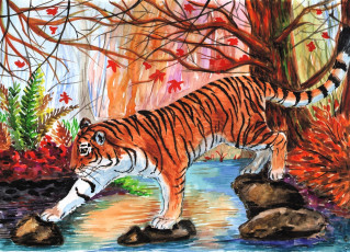 обоя рисованное, животные,  тигры, тигр, ручей, осень