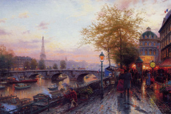 Картинка рисованное thomas+kinkade улица люди мост река