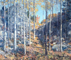 обоя рисованное, frederick childe hassam, лес, осень, скалы