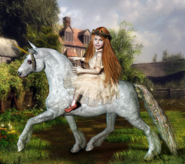 Картинка 3д графика fantasy фантазия девушка единорог