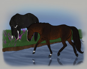 Картинка рисованные животные лошади луг река