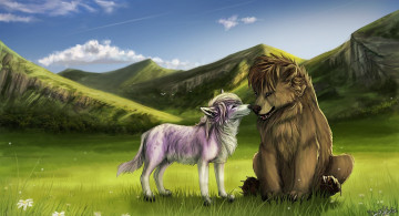 Картинка рисованные животные сказочные мифические собаки горы трава луг