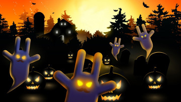Картинка праздничные хэллоуин летучие мыши тыквы деревья дом привидения ночь