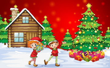 Картинка праздничные векторная графика новый год мальчик дома рождество обычаи дети снег счастье новогодняя елка подарки девочка