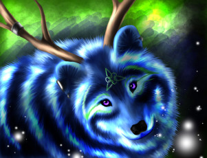 Картинка рисованное животные +сказочные +мифические животное волк синий шерсть рога морда взгляд