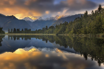 Картинка природа реки озера озеро мэтисон закат лес отражение новая зеландия южные альпы горы пейзаж