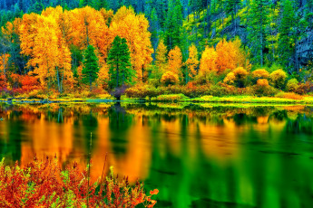 Картинка природа реки озера озеро отражение осень деревья склон лес