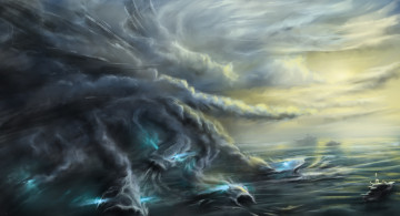 Картинка фэнтези магия корабль океан море демоны туман фантастика живопись