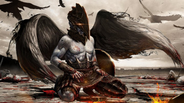 Картинка фэнтези демоны кратос бог войны крылья пресс шлем руки кровь битва трупы птицы небо