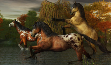 Картинка 3д+графика животные+ animals лошади брызги