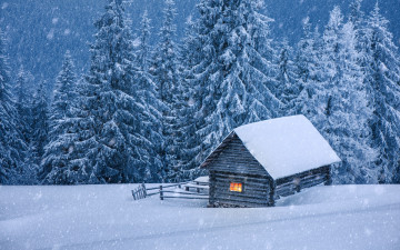 Картинка природа зима хижина домик елки снег landscape snow winter