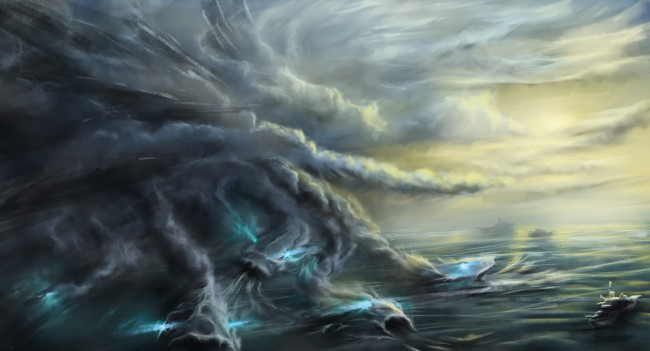 Обои картинки фото фэнтези, магия, корабль, океан, море, демоны, туман, фантастика, живопись