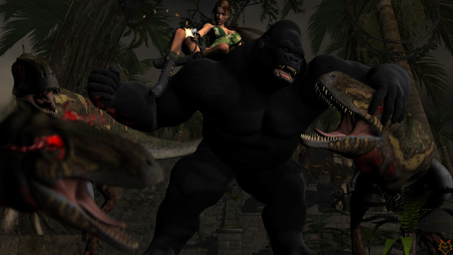 Обои картинки фото 3д графика, фантазия , fantasy, динозавры, горилла, девушка