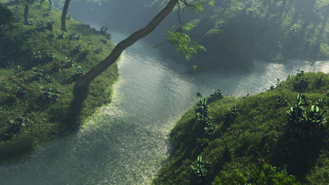 Обои картинки фото 3д графика, природа , nature, трава, деревья, река