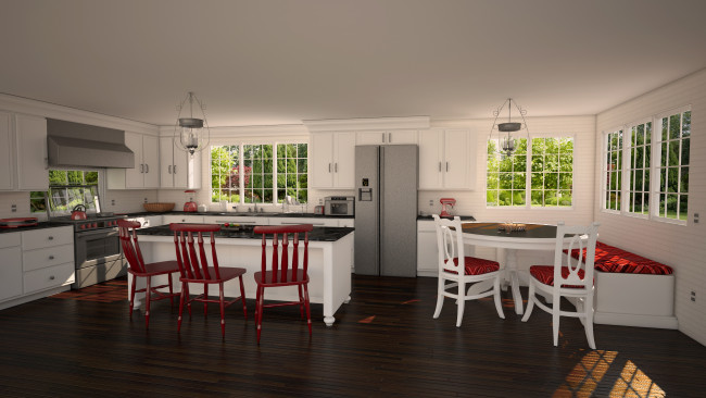 Обои картинки фото 3д графика, реализм , realism, кухня, столы, стулья