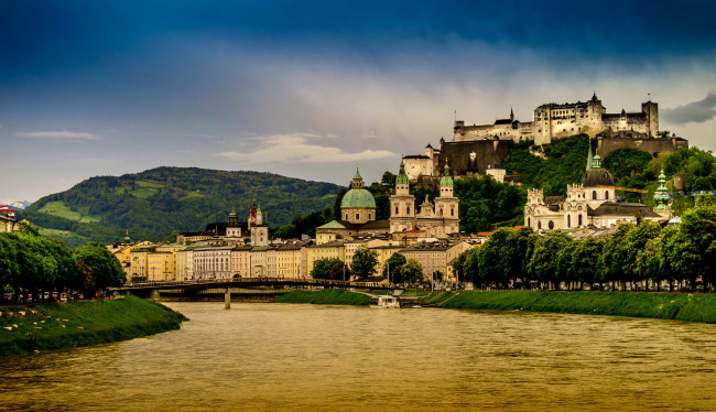 Обои картинки фото города, зальцбург , австрия, зальцбург, река, дома, пейзаж