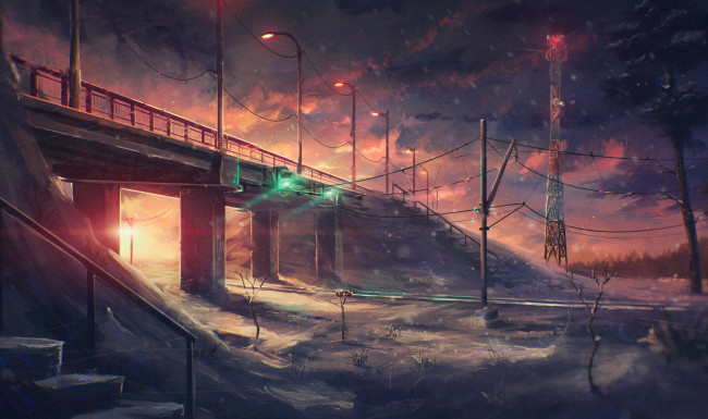 Обои картинки фото рисованное, города, зима, вышка, светофор, фонарь, ветер, снег, мост, ночь