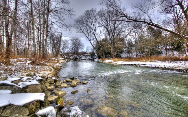 Обои картинки фото природа, реки, озера, winter, landscape, snow, зима, снег, река, берёзы, деревья