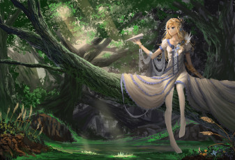 Картинка аниме unknown +другое перья цветы бумажный самолетик свет диадема корона деревья лес браслет платье девушка ylpylf