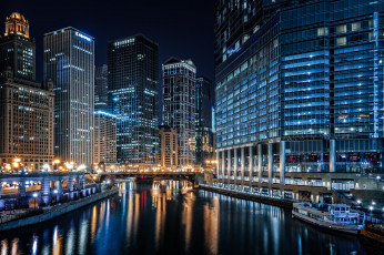 Картинка chicago+river города Чикаго+ сша небоскребы река ночь огни