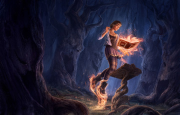 обоя фэнтези, маги,  волшебники, деревья, книга, волшебница, девушка, магия, лес, ночь