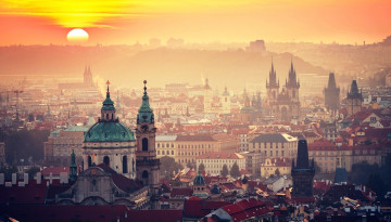 Картинка города прага+ Чехия здания панорама город солнце дома восход
