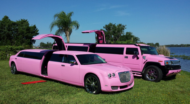 Обои картинки фото pink bentley limousine 2008 and pink hummer limousine h2 2012, автомобили, разные вместе, bentley, 2008, pink, hummer, limousine, h2, 2012