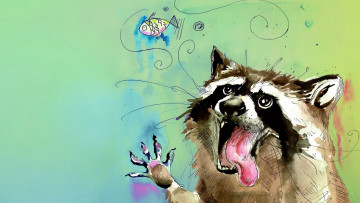 Картинка рисованное животные +еноты рыба язык лапа енот