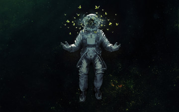 обоя фэнтези, нежить, космос, осколки, скафандр, бабочки, космонавт