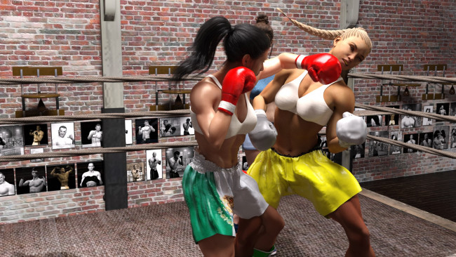 Обои картинки фото 3д графика, спорт , sport, взгляд, девушки, ринг, фон, бокс