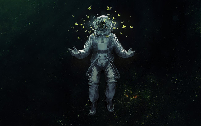 Обои картинки фото фэнтези, нежить, космос, осколки, скафандр, бабочки, космонавт
