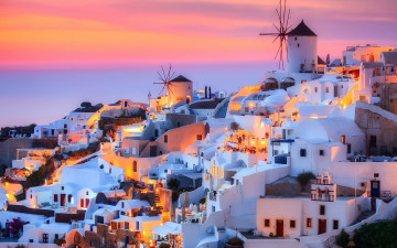 Картинка города санторини+ греция панорама вечер огни