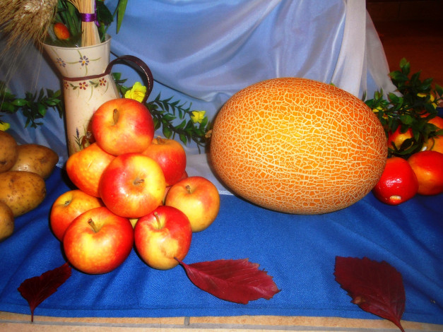 Обои картинки фото еда, натюрморт, дыня, яблоки