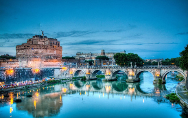 Обои картинки фото города, рим,  ватикан , италия, крепость, мост, огни, вечер