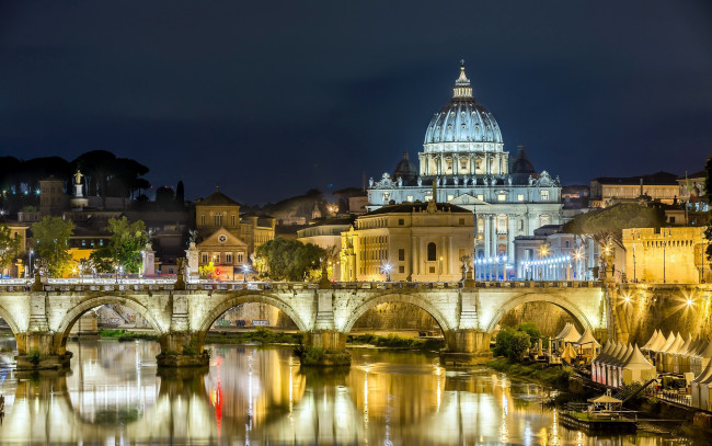 Обои картинки фото города, рим,  ватикан , италия, собор, мост, огни, вечер