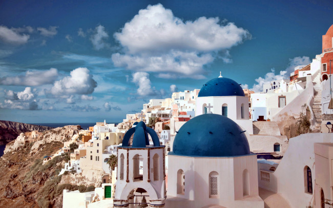 Обои картинки фото города, санторини , греция, панорама