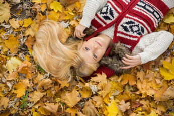 Картинка девушки -+блондинки +светловолосые блондинка поза осень листья вязаный свитер