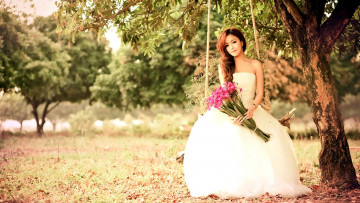Картинка девушки -+невесты азиатка невеста свадебное платье букет качели