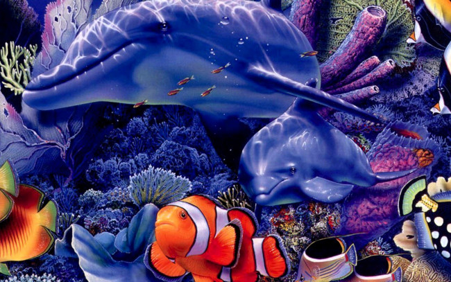 Обои картинки фото рисованное, животные, дельфины, рыбы, кораллы